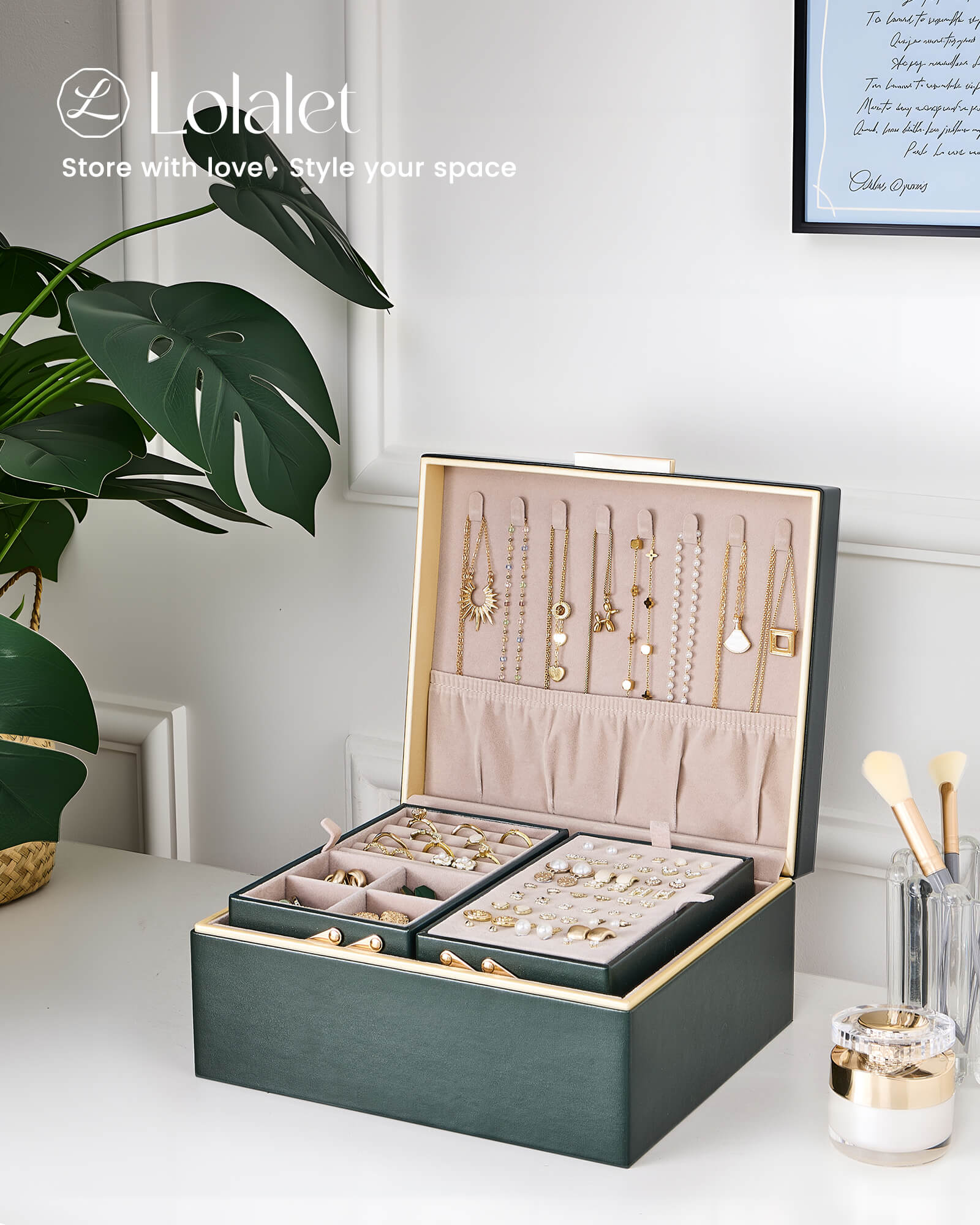 Large Jewelry Box Organizer with Two Foldable & Expandable Trays