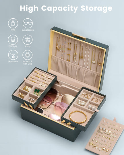 Large Jewelry Box Organizer with Two Foldable & Expandable Trays