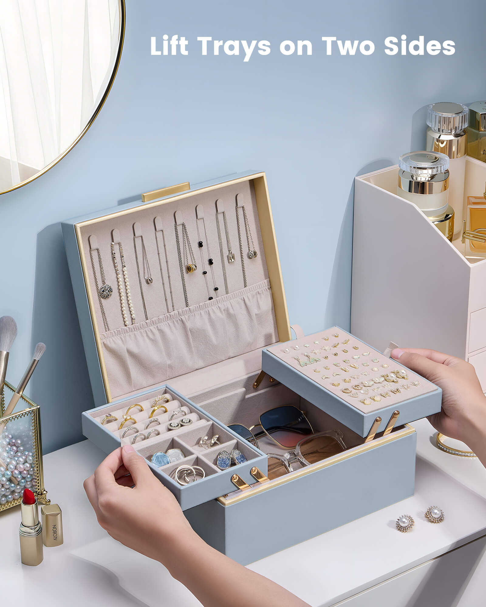 Large Jewelry Box Organizer with Two Foldable & Expandable Trays