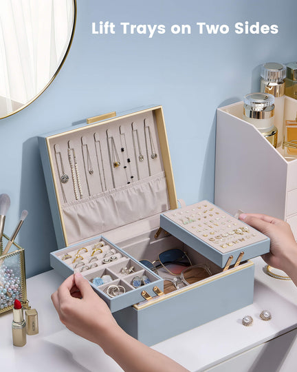 Large Jewelry Box Organizer with Two Foldable & Expandable Trays
