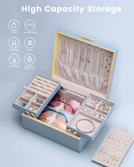 Large Jewelry Box Organizer with Two Foldable & Expandable Trays