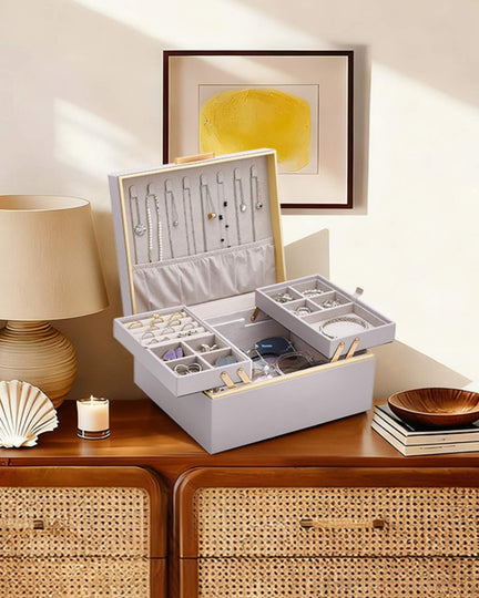 Large Jewelry Box Organizer with Two Foldable & Expandable Trays
