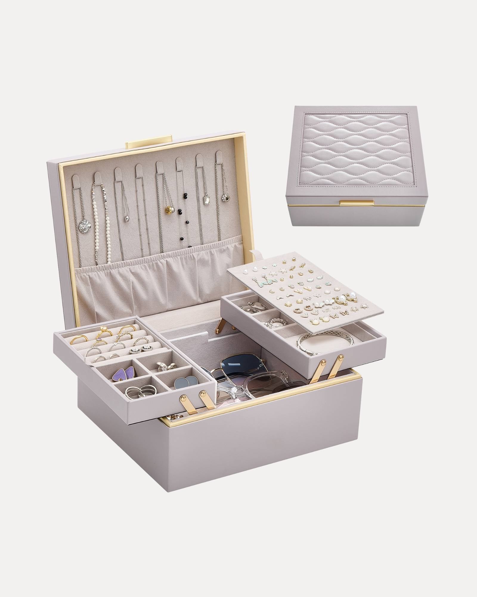 Large Jewelry Box Organizer with Two Foldable & Expandable Trays