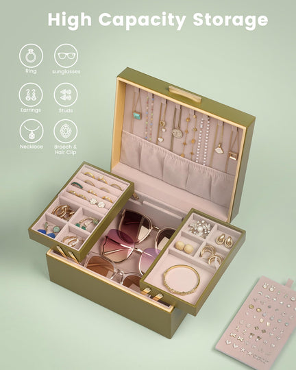 Large Jewelry Box Organizer with Two Foldable & Expandable Trays
