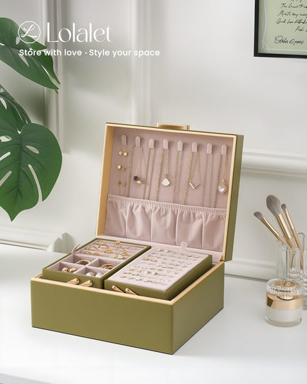 Large Jewelry Box Organizer with Two Foldable & Expandable Trays
