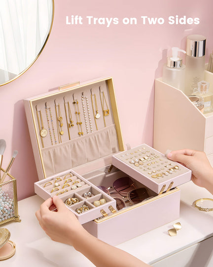 Large Jewelry Box Organizer with Two Foldable & Expandable Trays