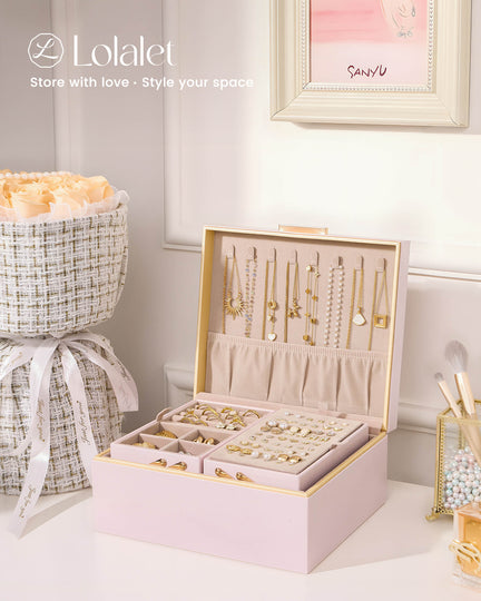 Large Jewelry Box Organizer with Two Foldable & Expandable Trays