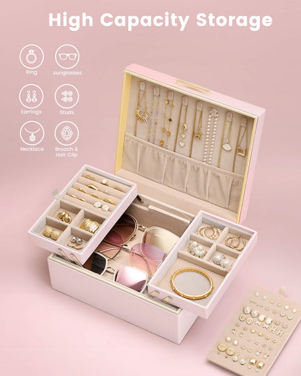 Large Jewelry Box Organizer with Two Foldable & Expandable Trays