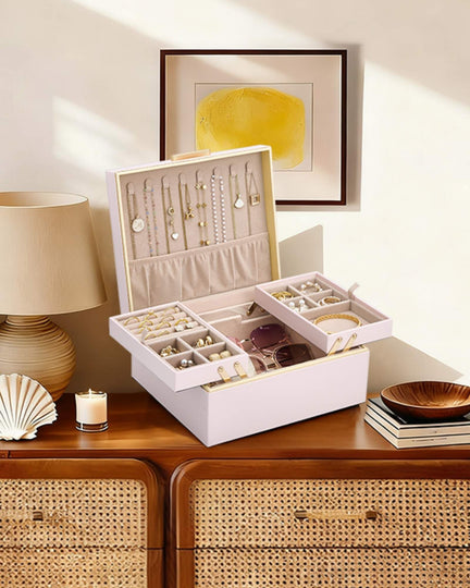 Large Jewelry Box Organizer with Two Foldable & Expandable Trays