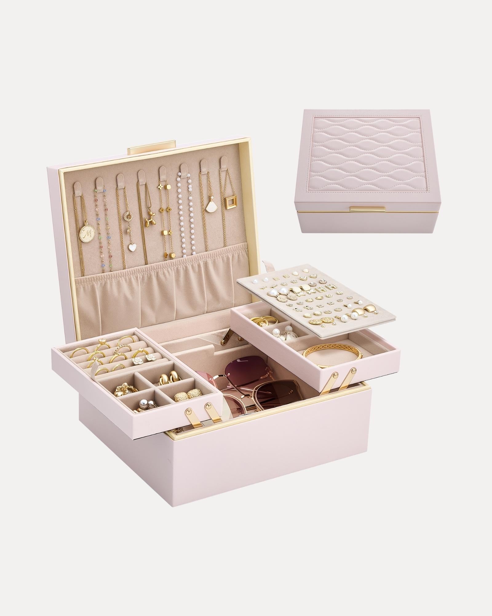 Large Jewelry Box Organizer with Two Foldable & Expandable Trays