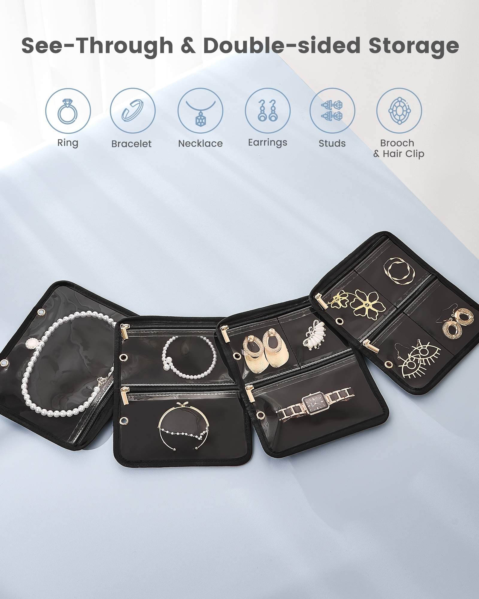 Ultra-Light Waterproof Travel Jewelry Organizer Case with Velvet Zippered Pouches