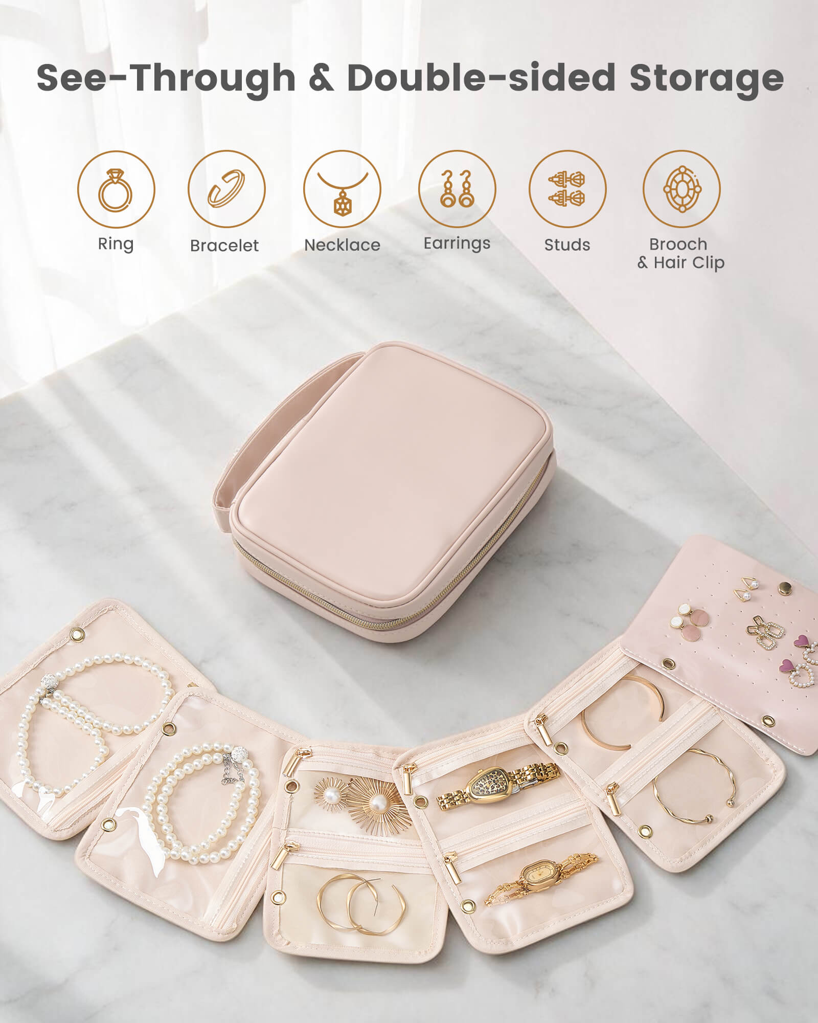 Ultra-Light Waterproof Travel Jewelry Organizer Case with Velvet Zippered Pouches