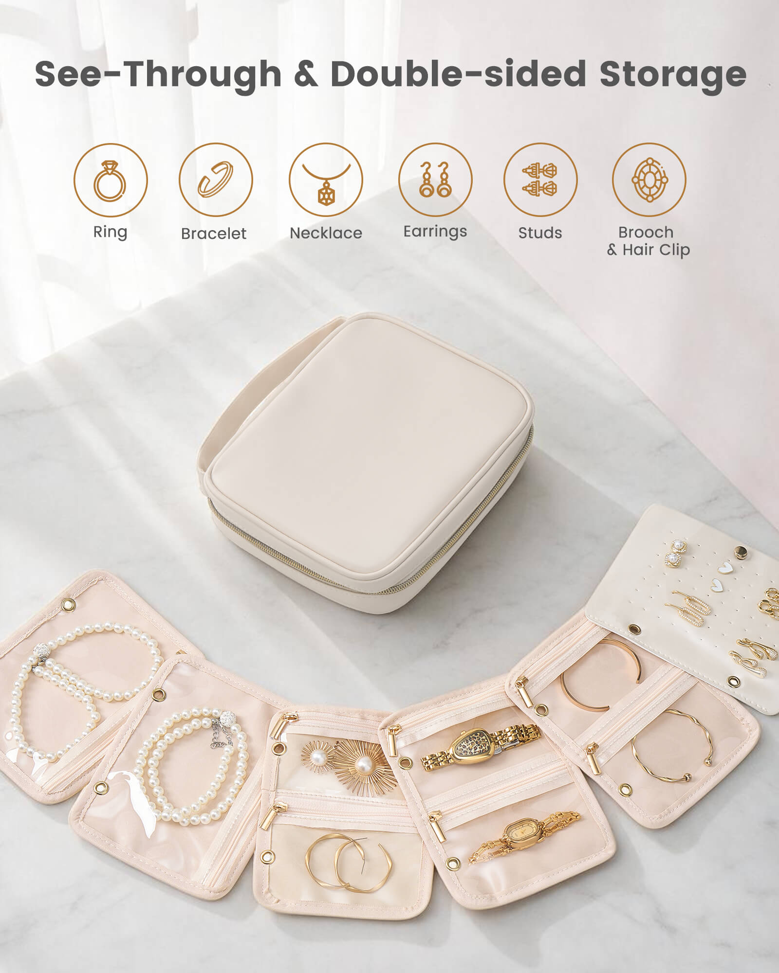 Ultra-Light Waterproof Travel Jewelry Organizer Case with Velvet Zippered Pouches
