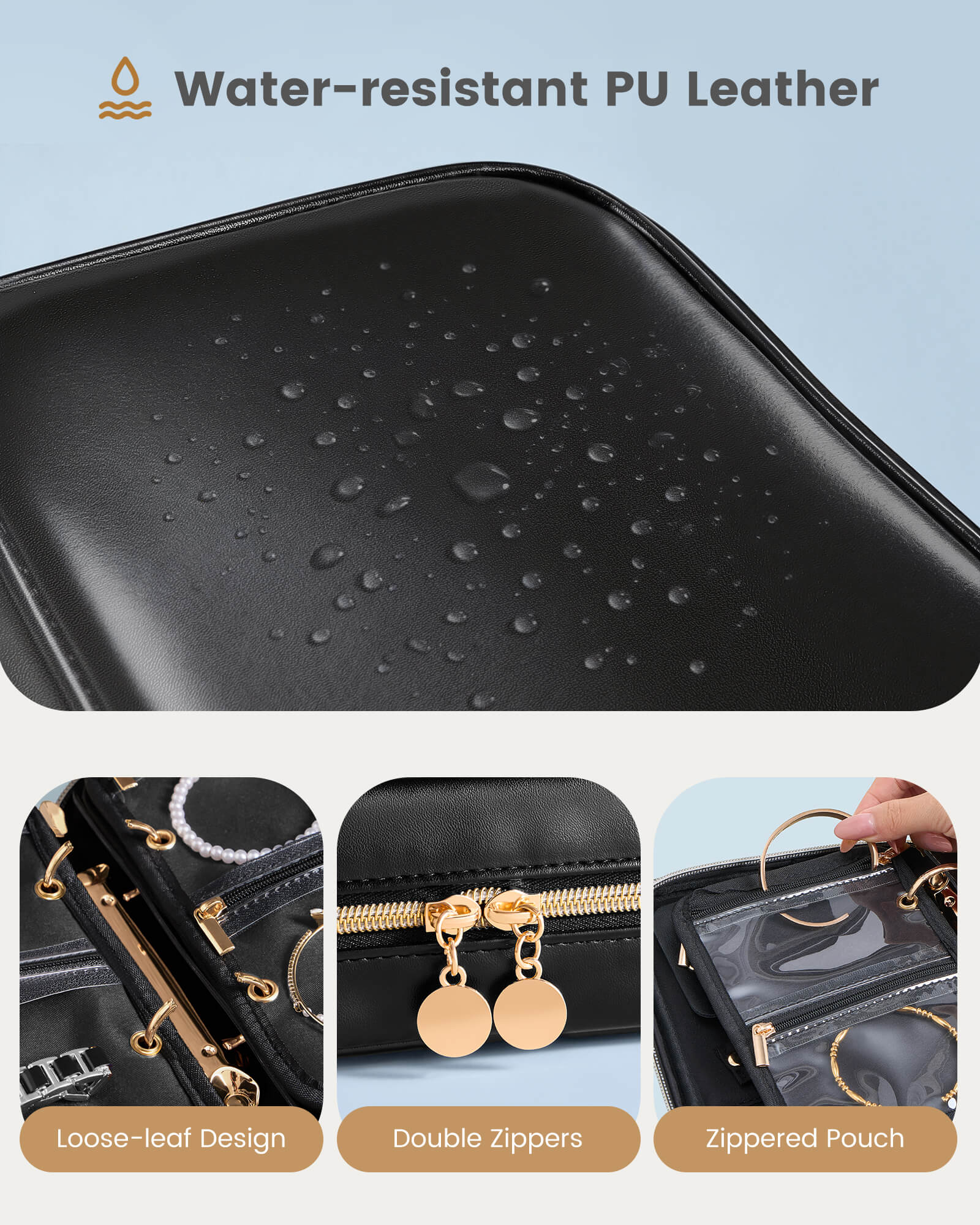 Ultra-Light Waterproof Travel Jewelry Organizer Case with Velvet Zippered Pouches