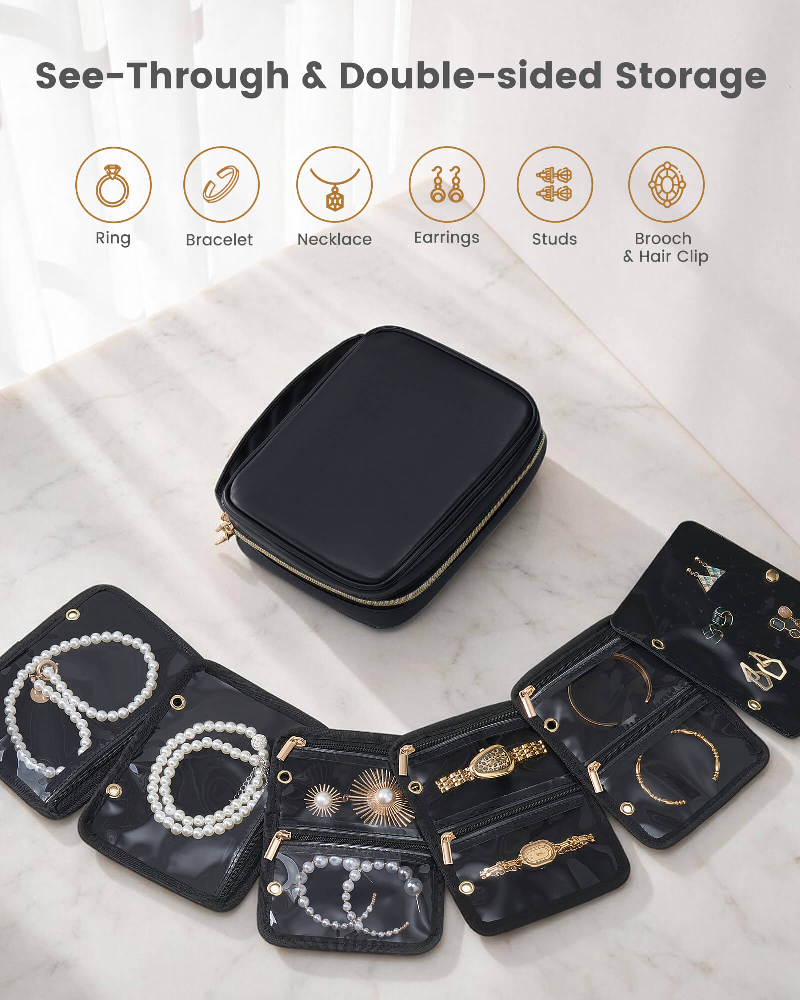 Ultra-Light Waterproof Travel Jewelry Organizer Case with Velvet Zippered Pouches