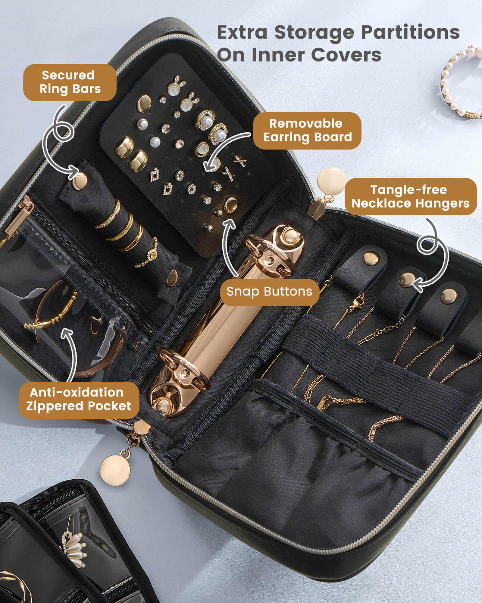 Ultra-Light Waterproof Travel Jewelry Organizer Case with Velvet Zippered Pouches