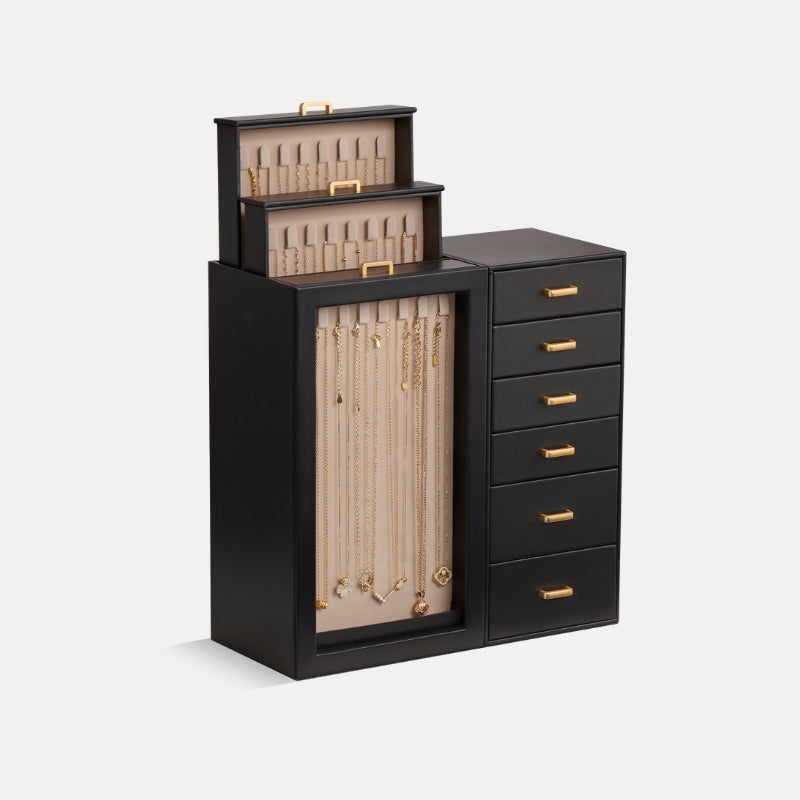 Large PU leather jewelry box with necklace holder and multiple drawers