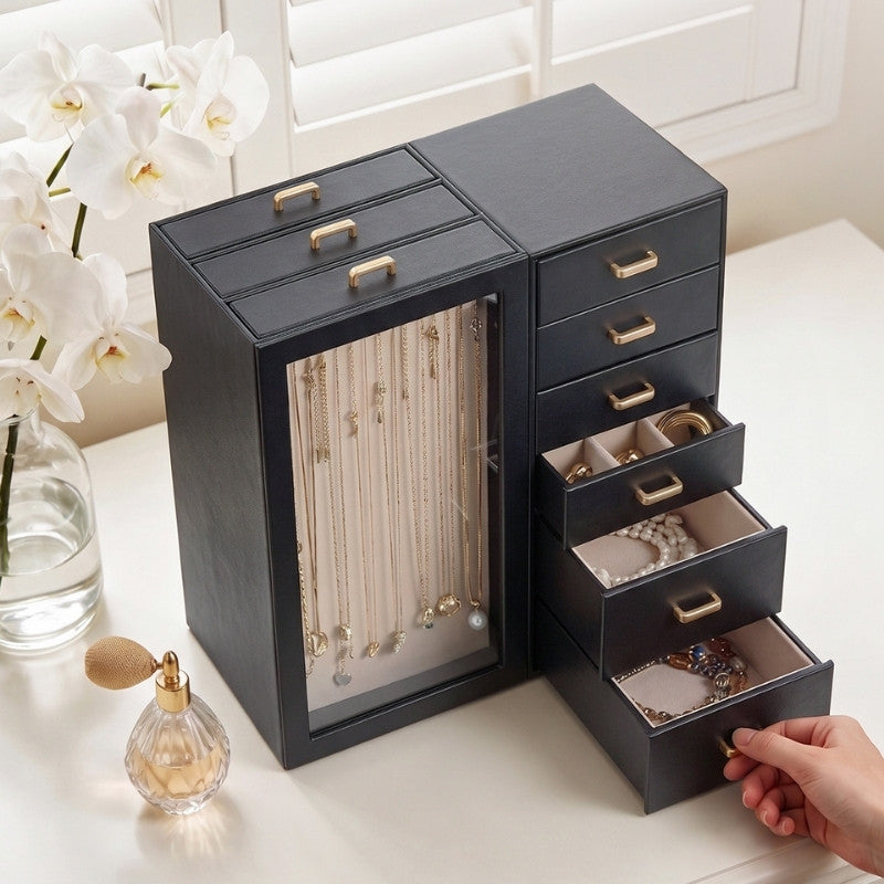 PU leather jewelry organizer open to show necklace storage and drawers