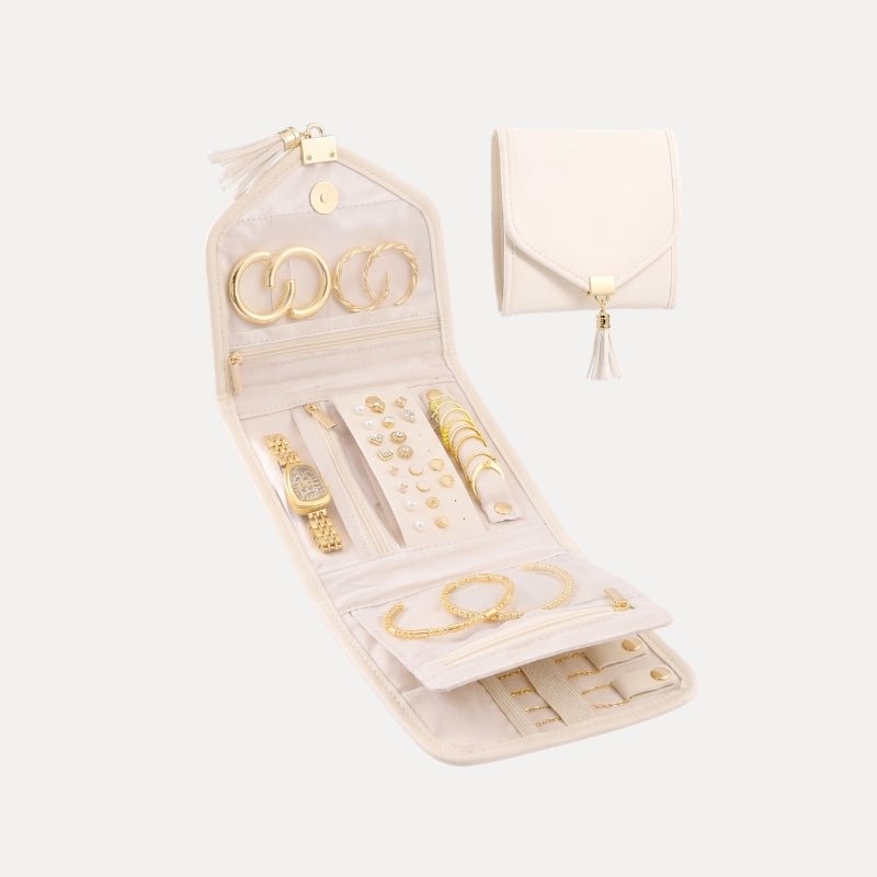 Elegant Leather Foldable Jewelry Organizer Case with Tassel Accent