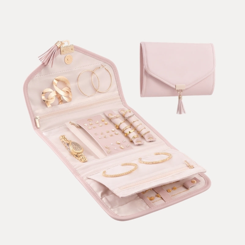 Elegant Leather Foldable Jewelry Organizer Case with Tassel Accent