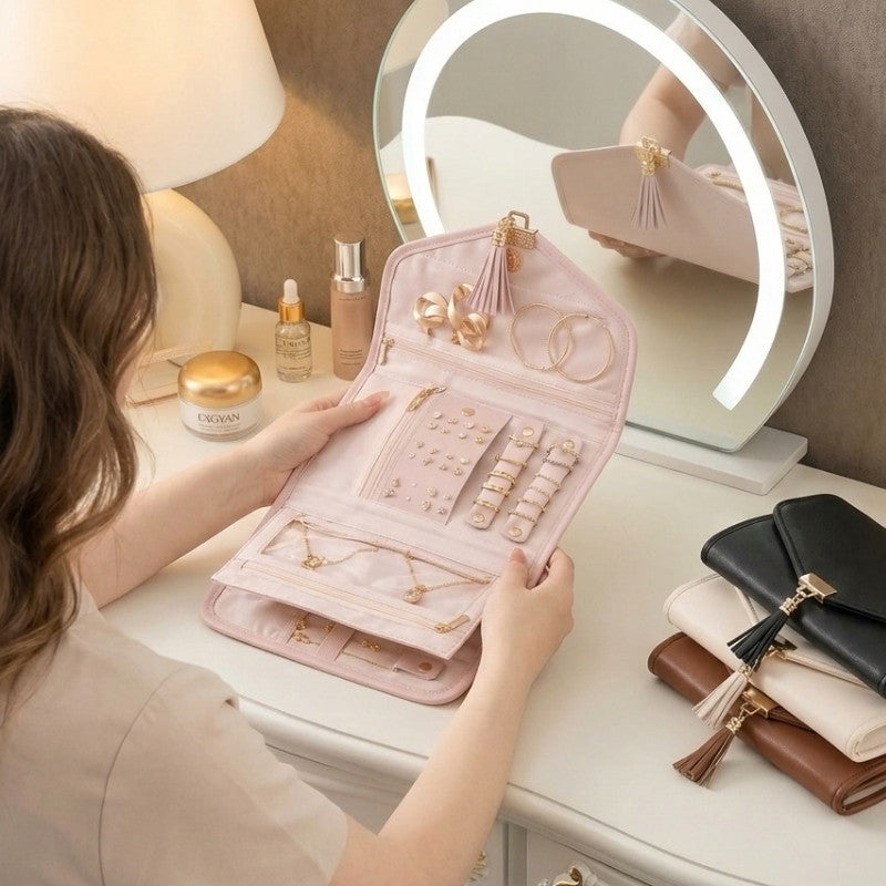 Elegant Leather Foldable Jewelry Organizer Case with Tassel Accent