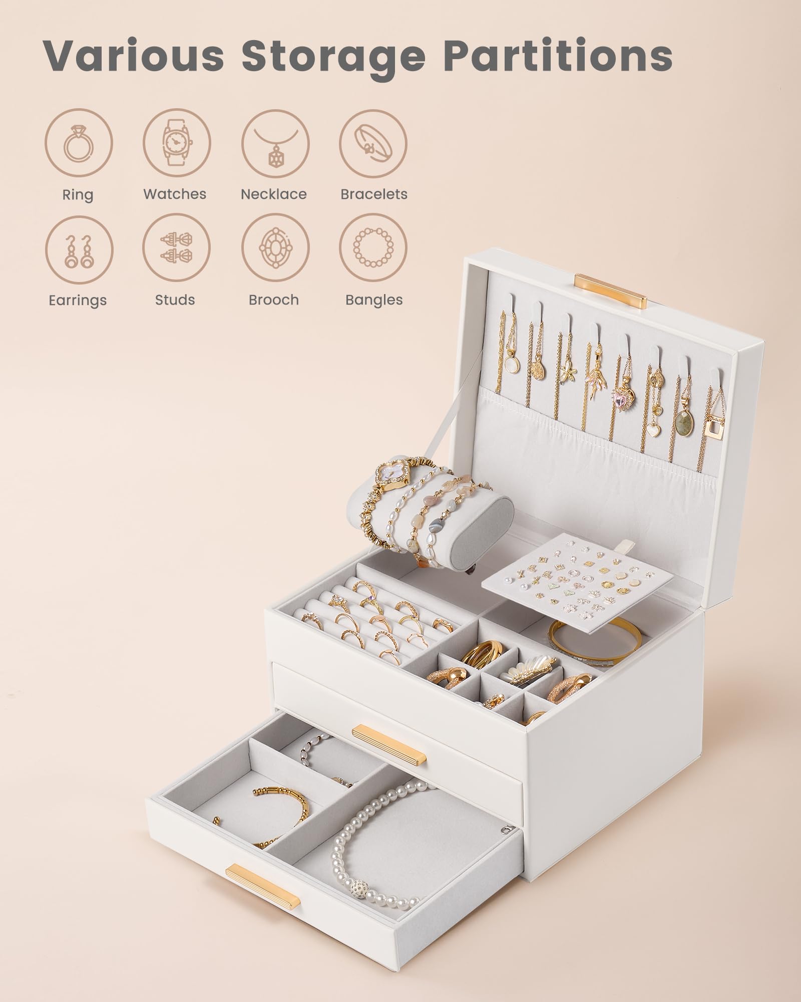Elegant Large Capacity Jewelry Organizer Box with Multi-Layer Trays & Drawer