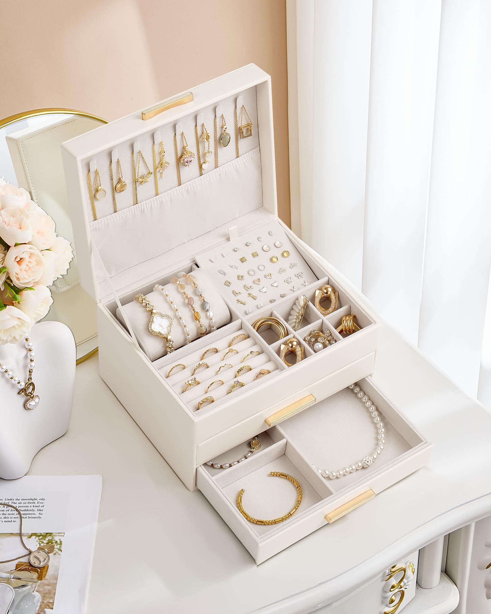 Elegant Large Capacity Jewelry Organizer Box with Multi-Layer Trays & Drawer