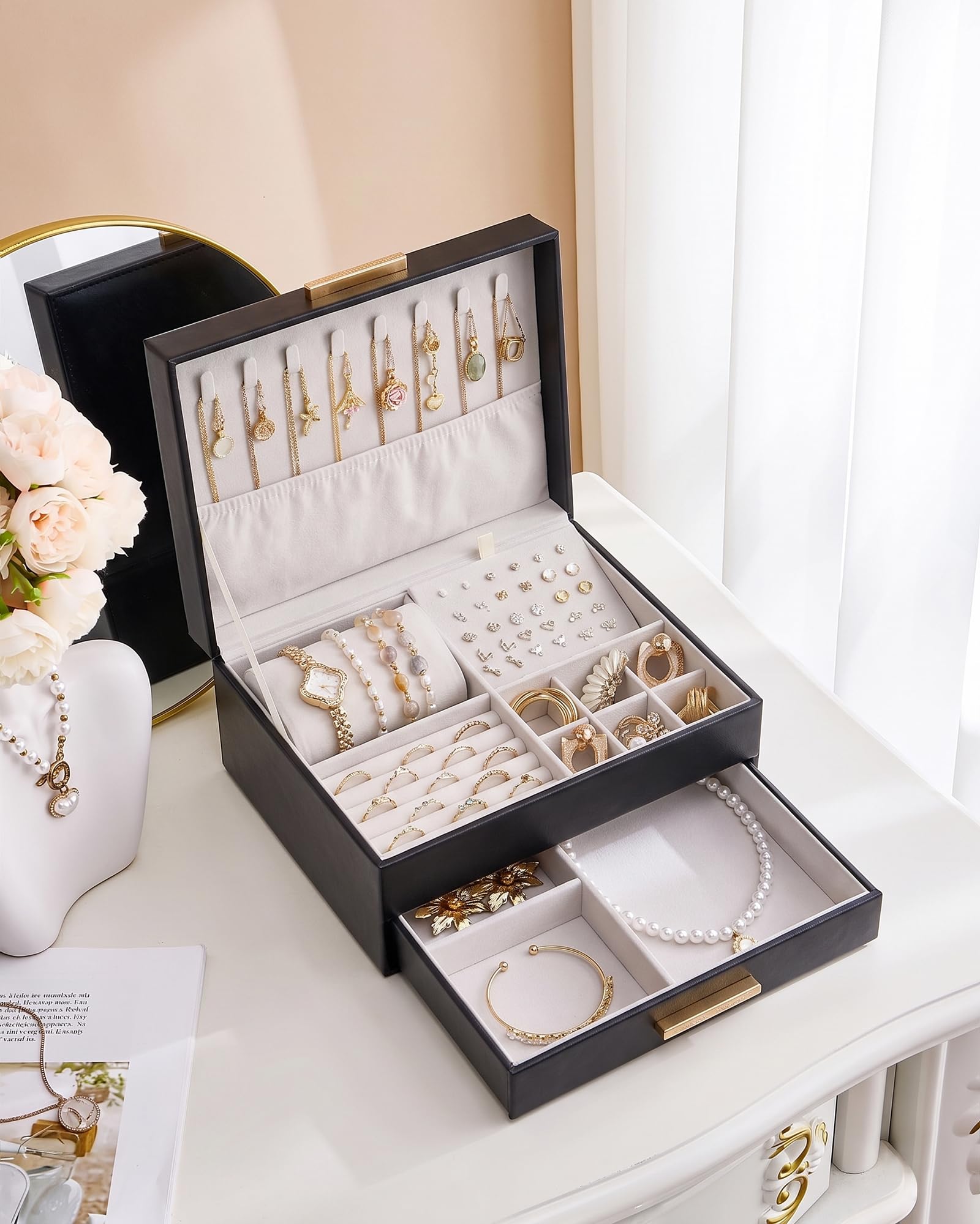 Elegant Large Capacity Jewelry Organizer Box with Multi-Layer Trays & Drawer