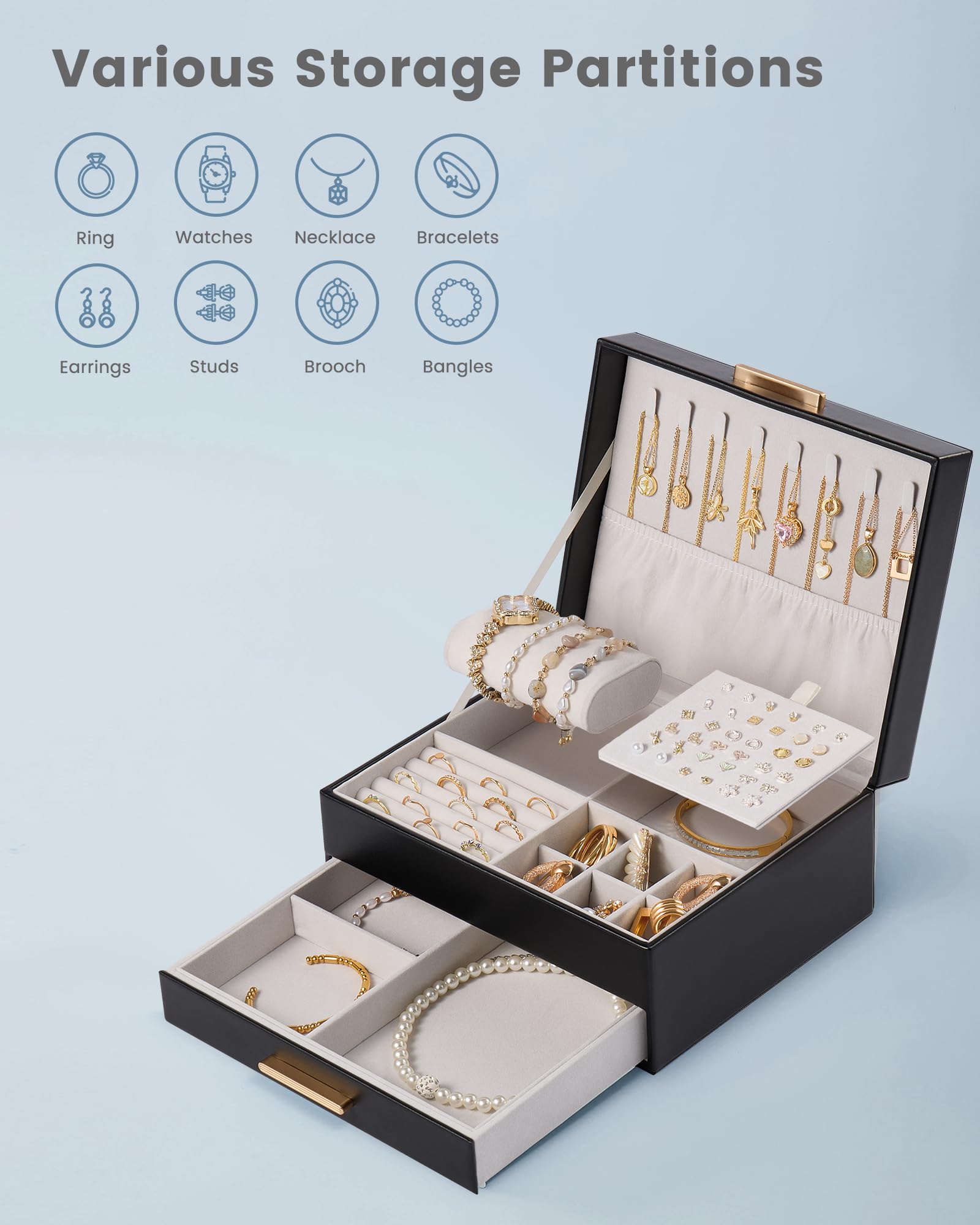 Elegant Large Capacity Jewelry Organizer Box with Multi-Layer Trays & Drawer