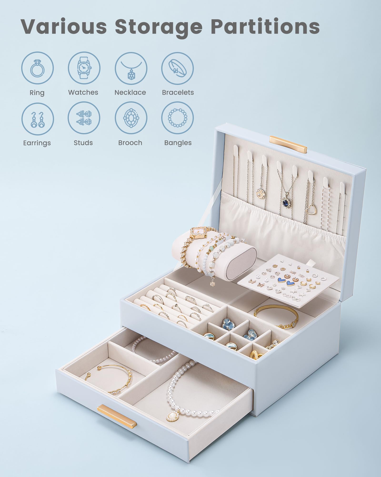 Elegant Large Capacity Jewelry Organizer Box with Multi-Layer Trays & Drawer