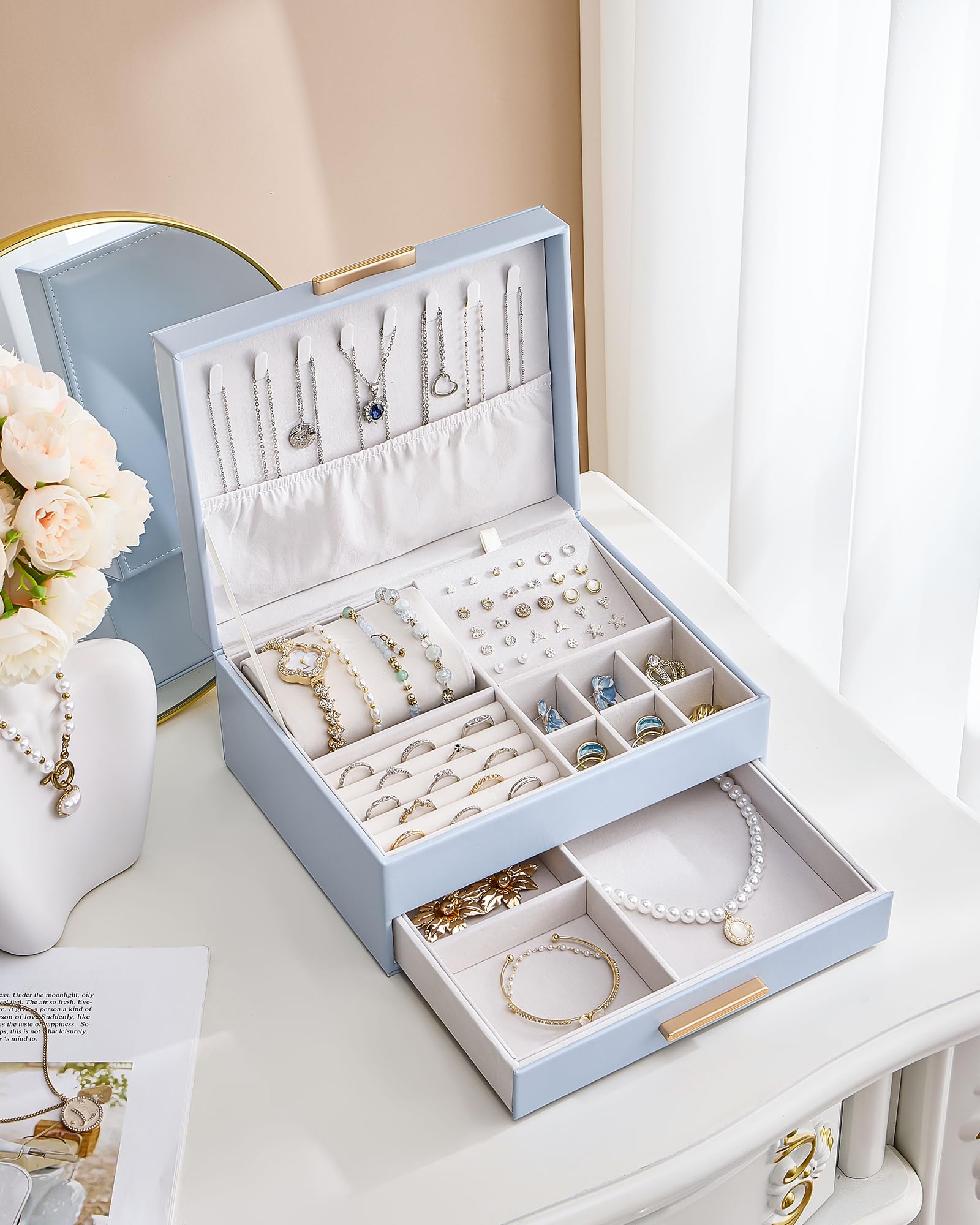 Elegant Large Capacity Jewelry Organizer Box with Multi-Layer Trays & Drawer