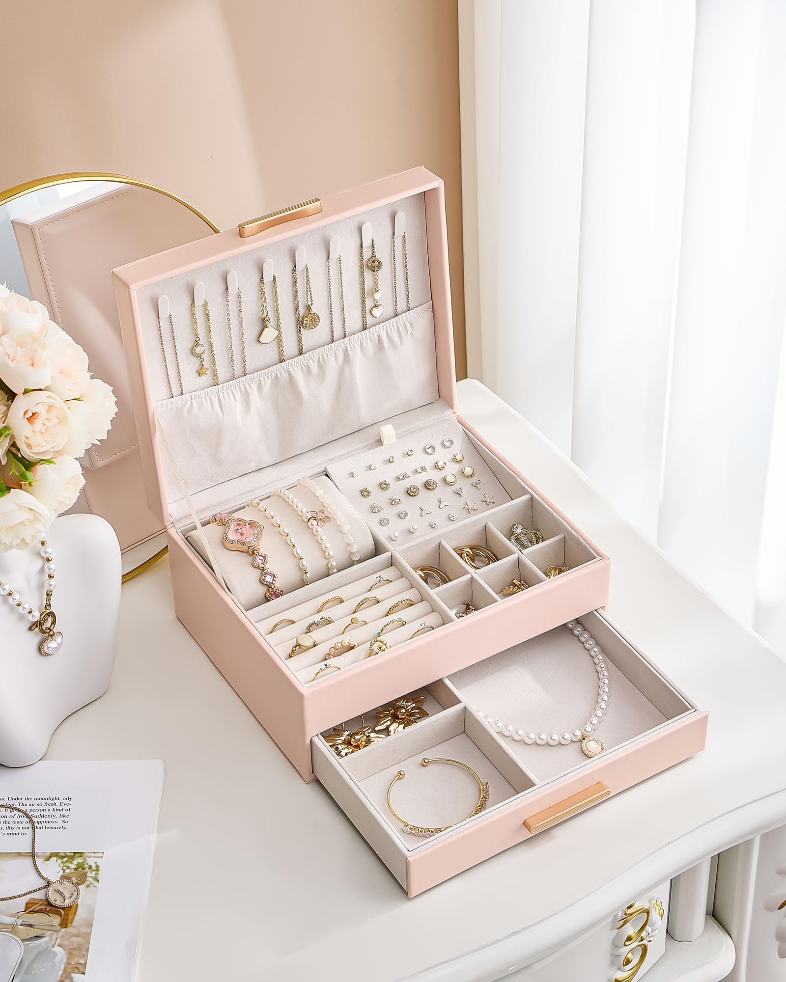 Elegant Large Capacity Jewelry Organizer Box with Multi-Layer Trays & Drawer