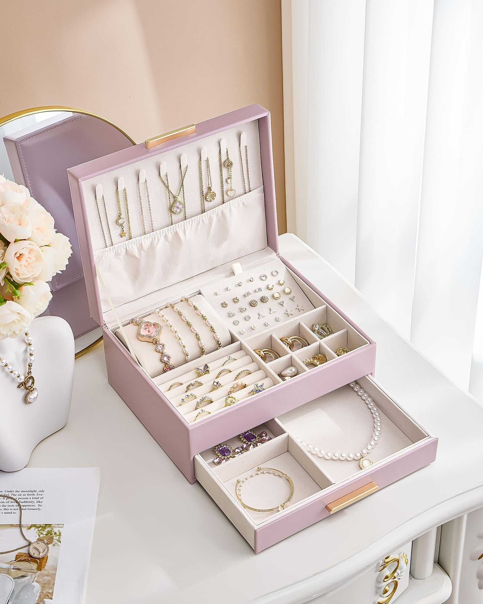 Elegant Large Capacity Jewelry Organizer Box with Multi-Layer Trays & Drawer