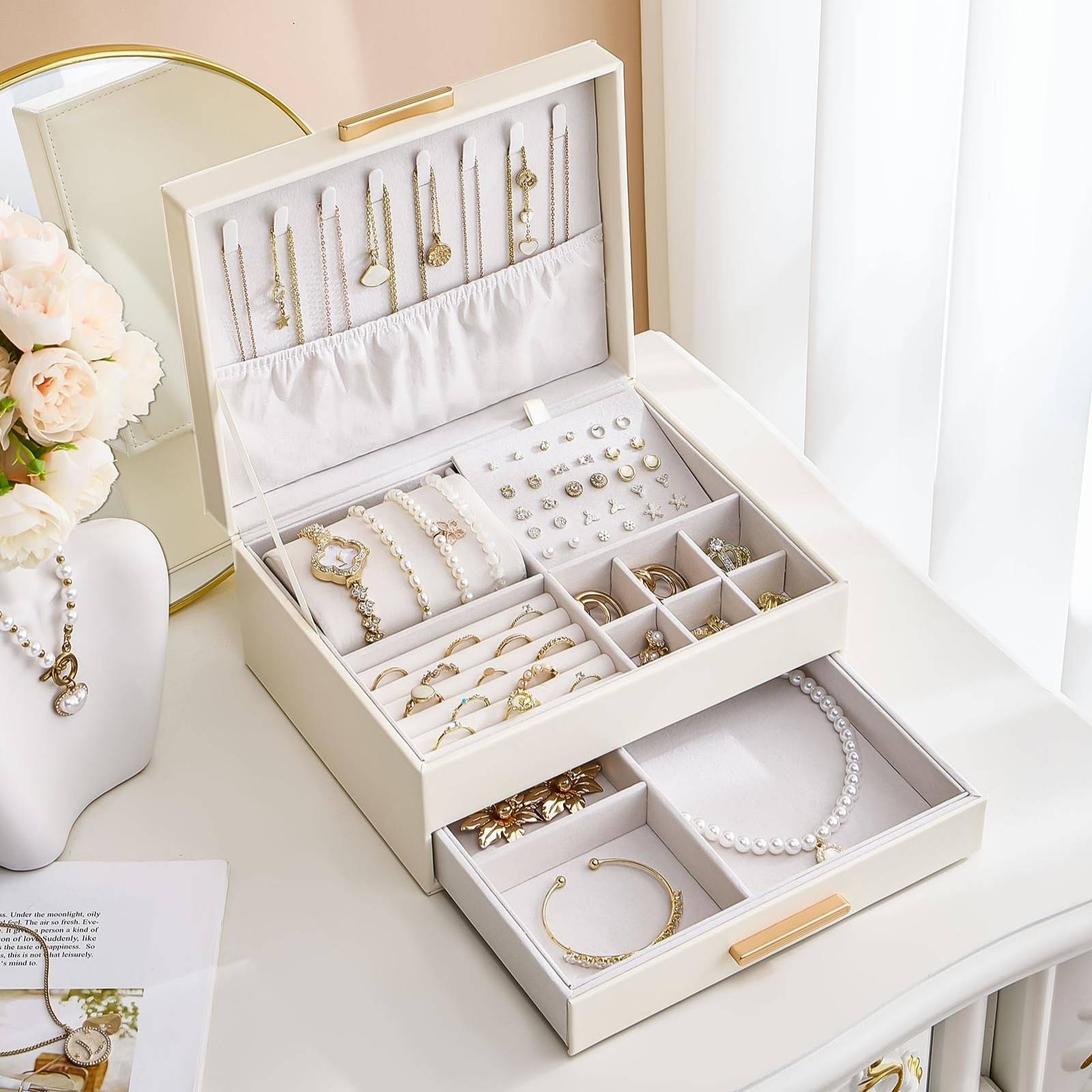 Elegant Large Capacity Jewelry Organizer Box with Multi-Layer Trays & Drawer