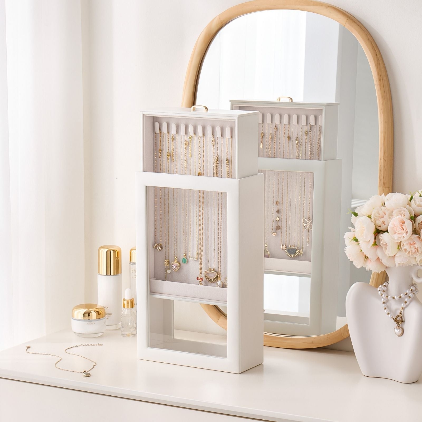 Double-Sided Hanging Necklace Organizer Box with Clear Window