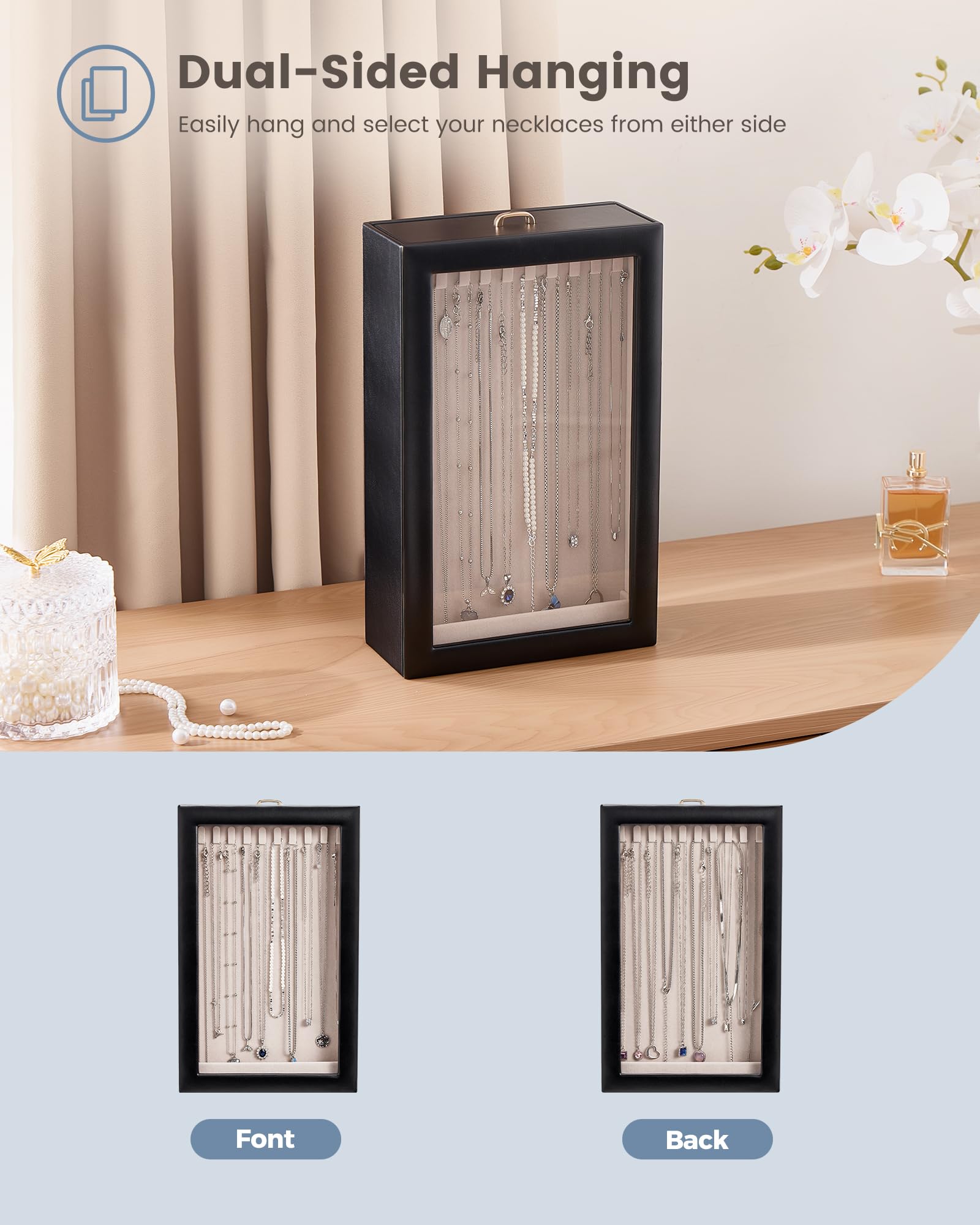 Double-Sided Hanging Necklace Organizer Box with Clear Window