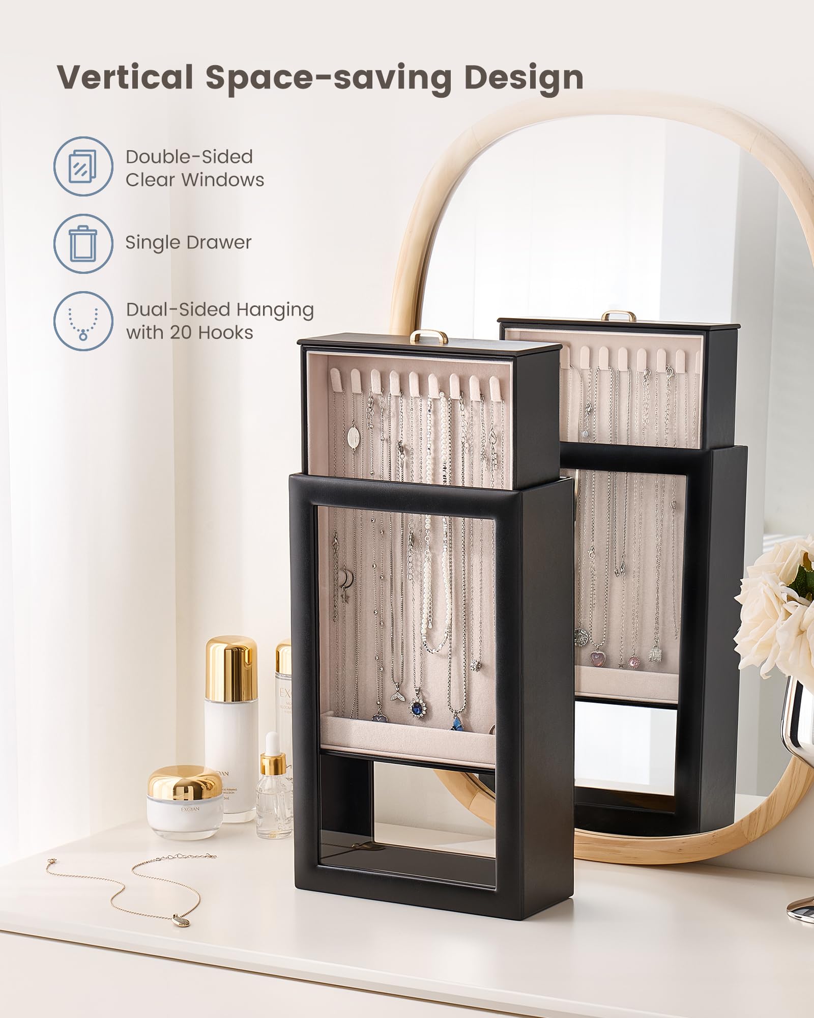 Double-Sided Hanging Necklace Organizer Box with Clear Window