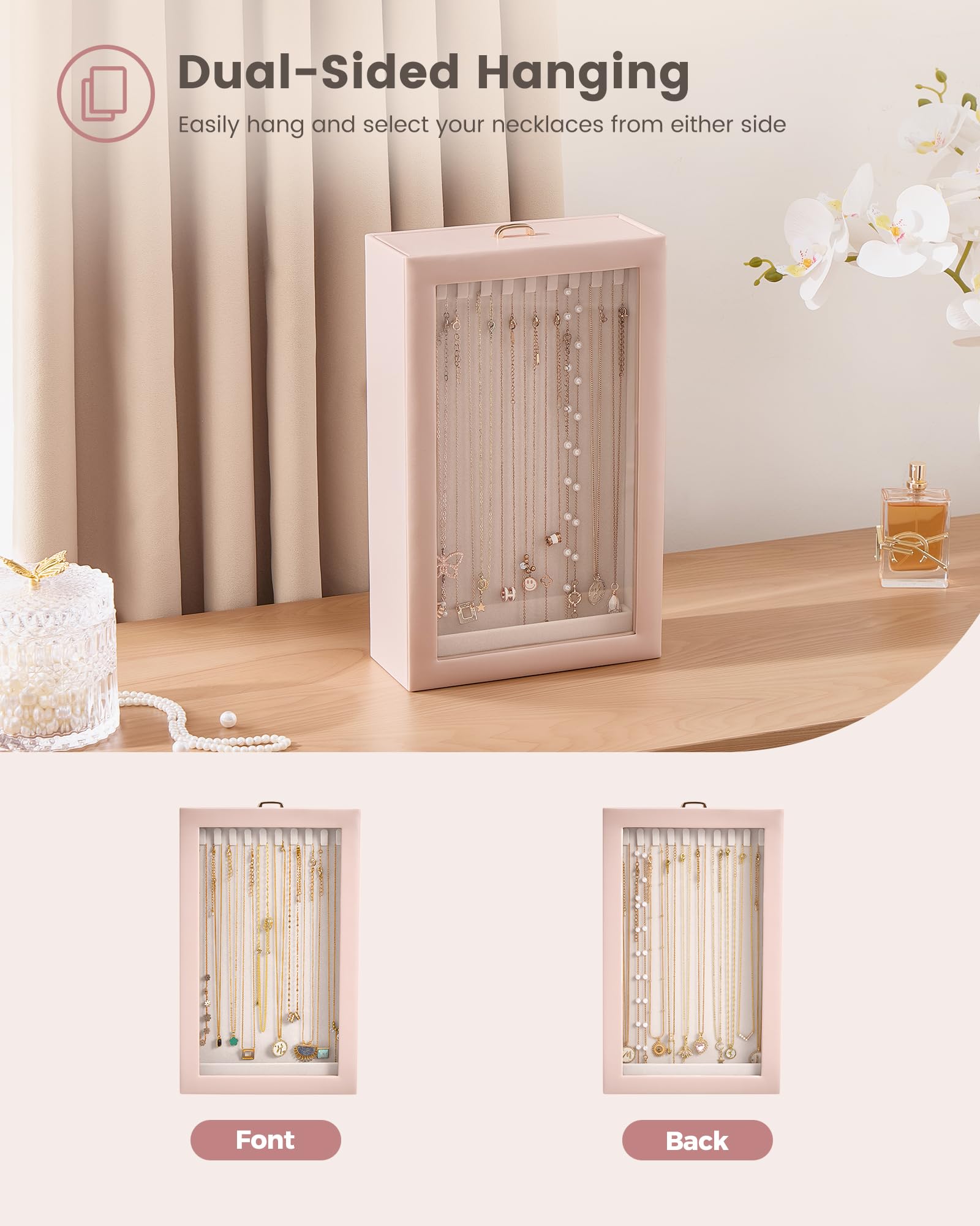 Double-Sided Hanging Necklace Organizer Box with Clear Window