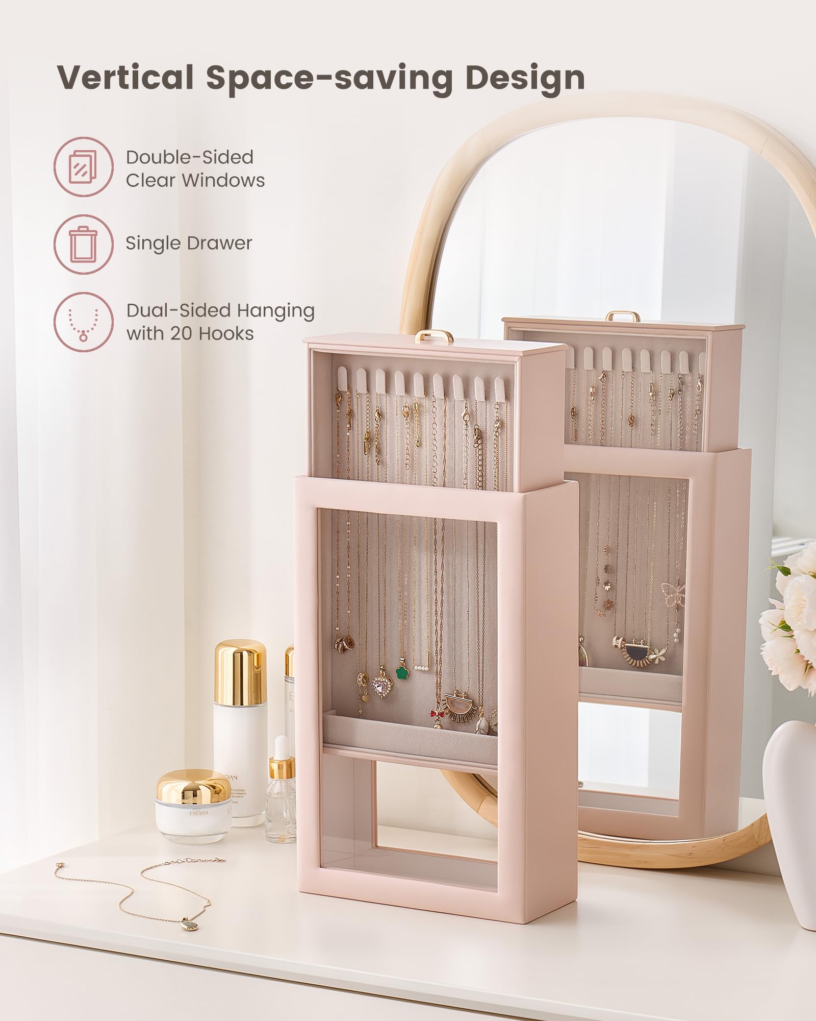 Double-Sided Hanging Necklace Organizer Box with Clear Window