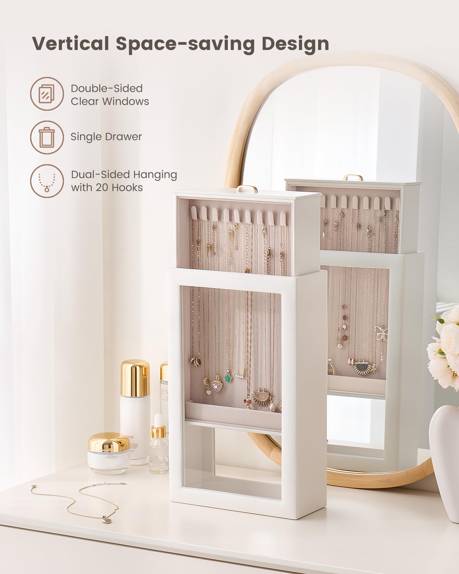 Double-Sided Hanging Necklace Organizer Box with Clear Window
