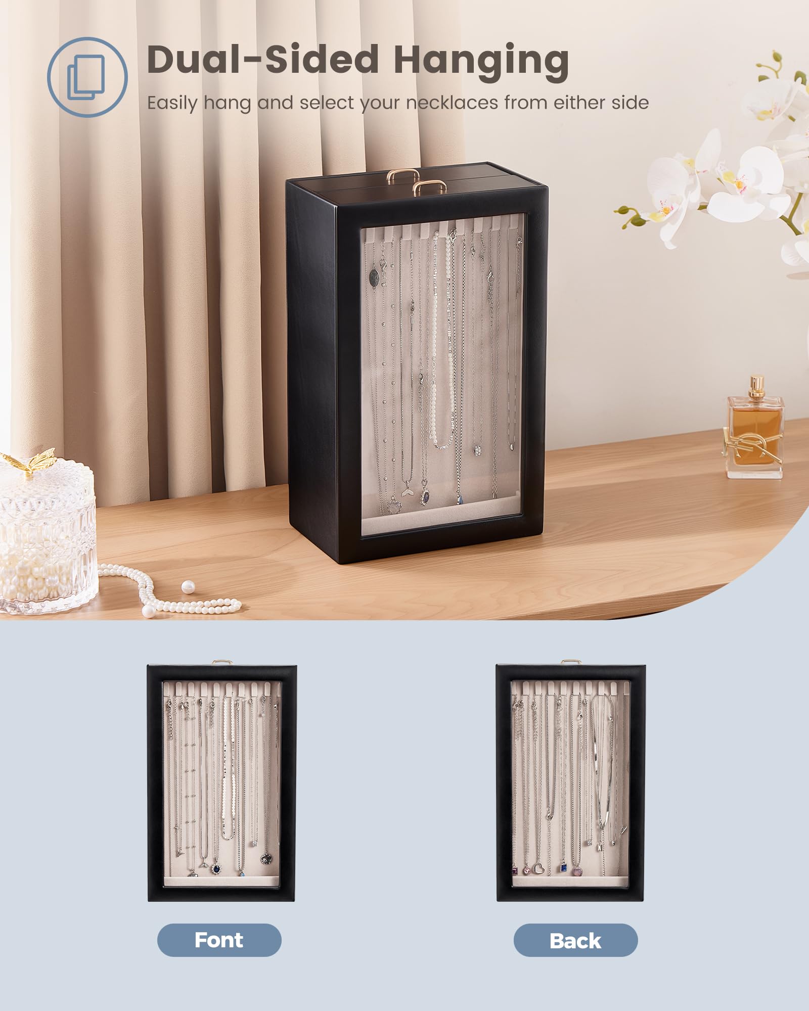 Double-Sided Hanging Necklace Organizer Box with Clear Window
