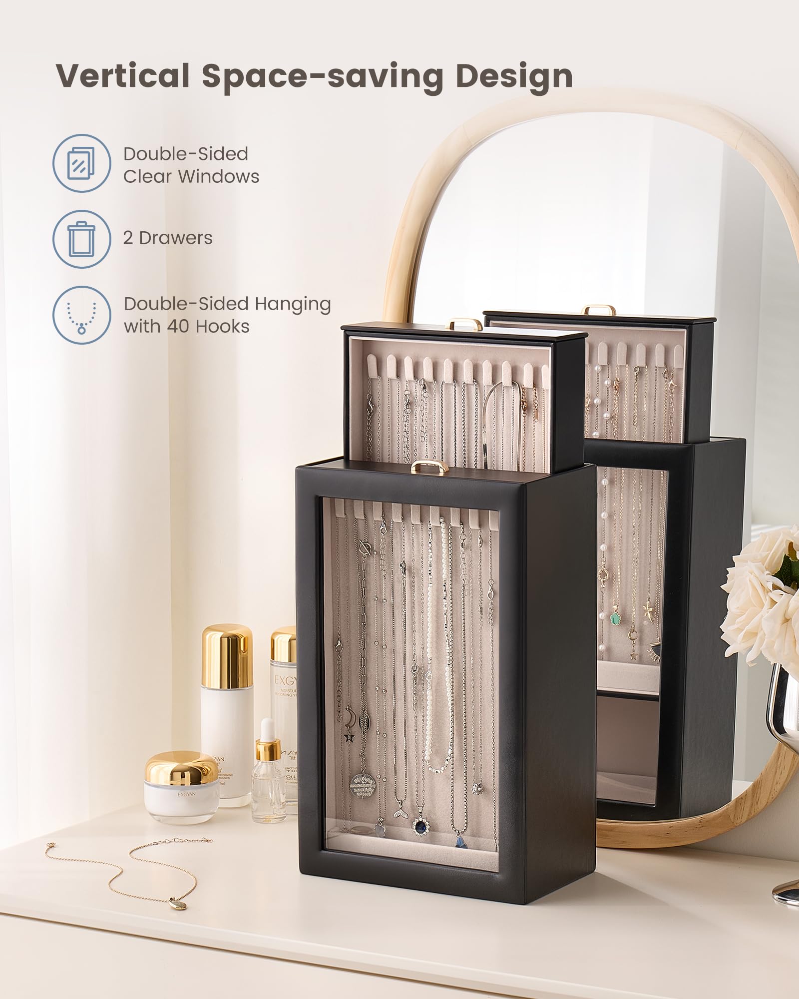 Double-Sided Hanging Necklace Organizer Box with Clear Window