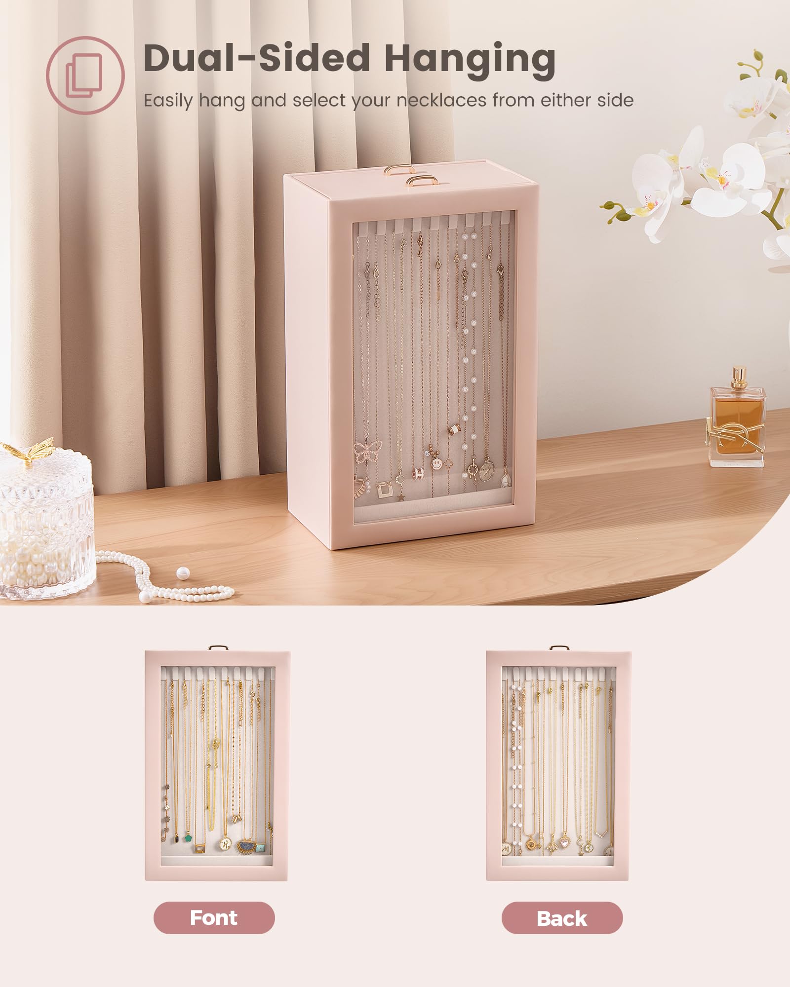 Double-Sided Hanging Necklace Organizer Box with Clear Window