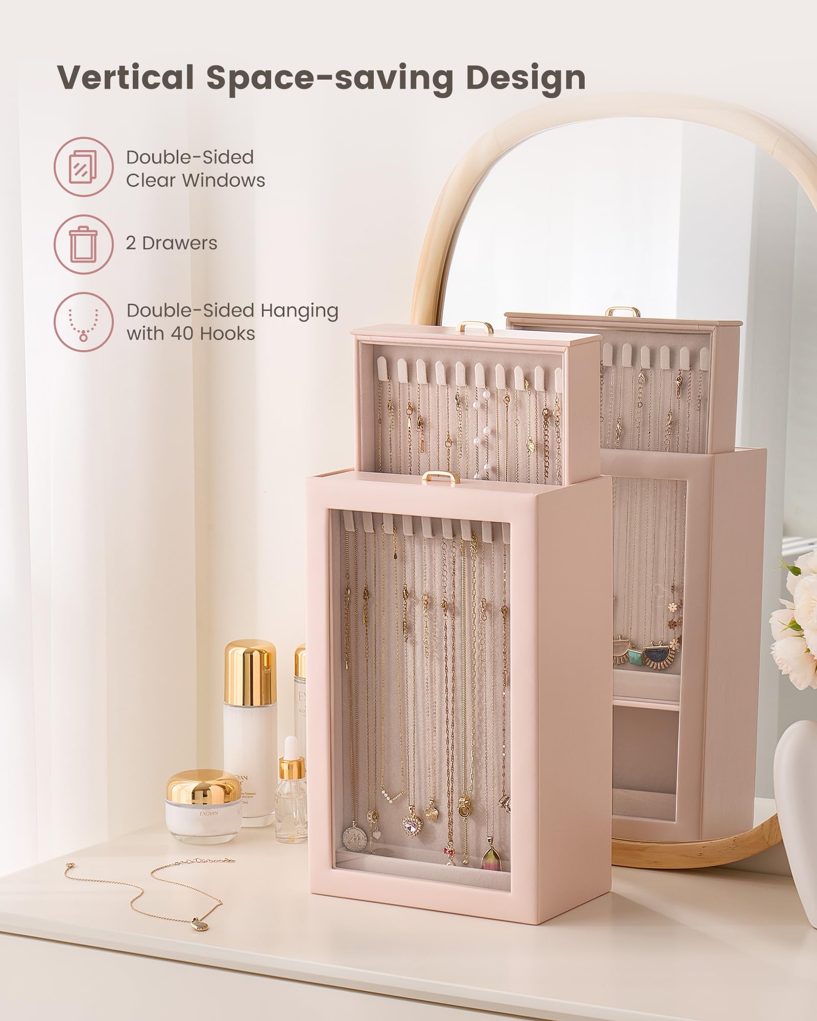 Double-Sided Hanging Necklace Organizer Box with Clear Window