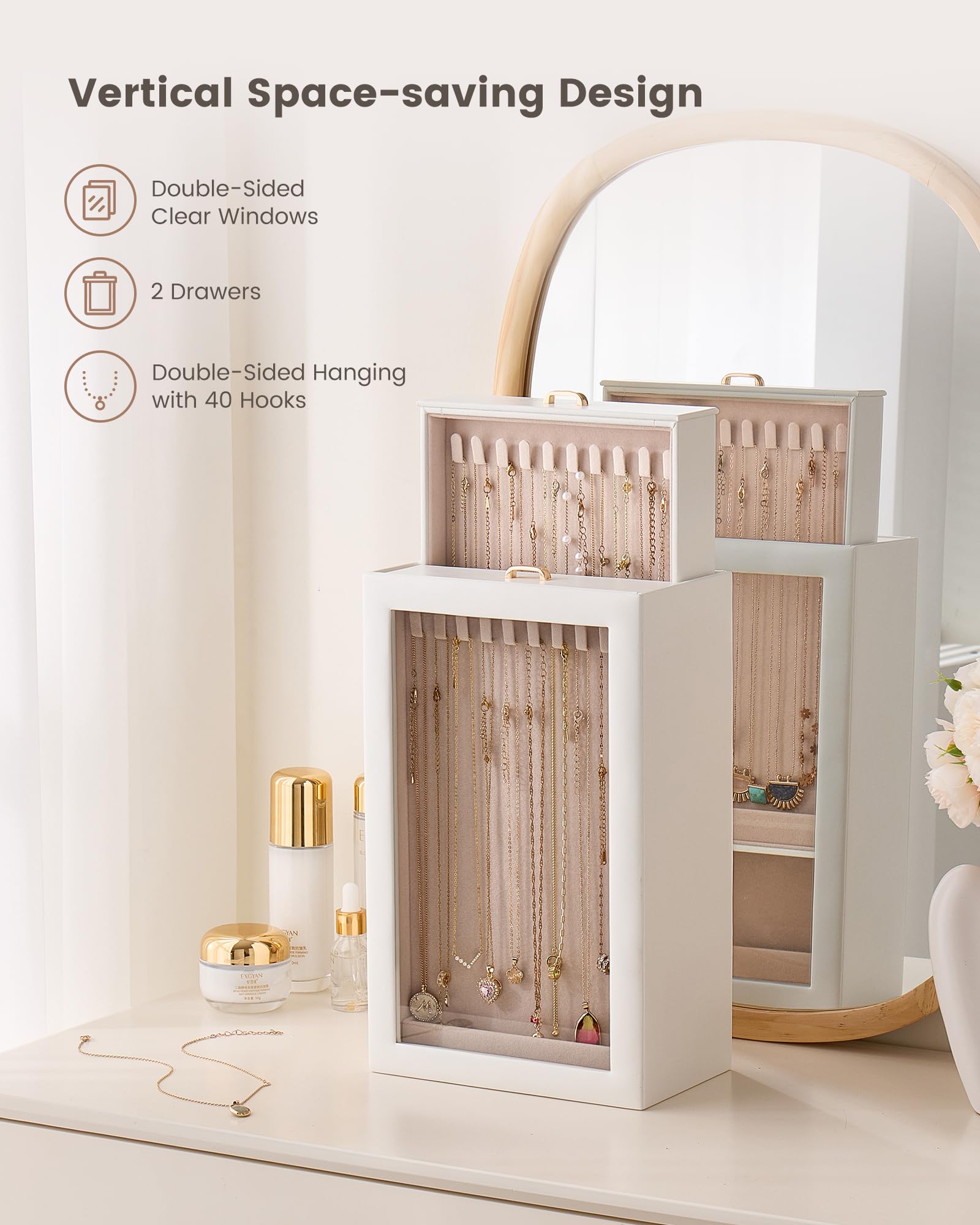 Double-Sided Hanging Necklace Organizer Box with Clear Window