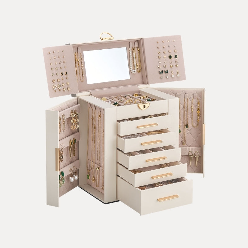 Luxury Large Capacity Jewelry Organizer Box with Mirror & Multi-Layer Drawers