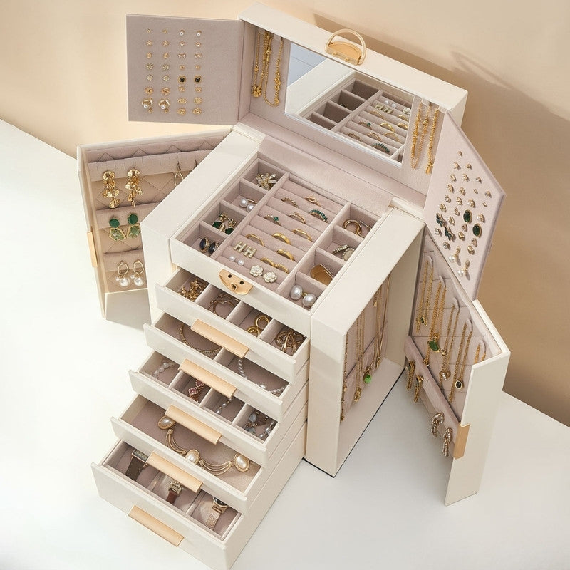 Luxury Large Capacity Jewelry Organizer Box with Mirror & Multi-Layer Drawers