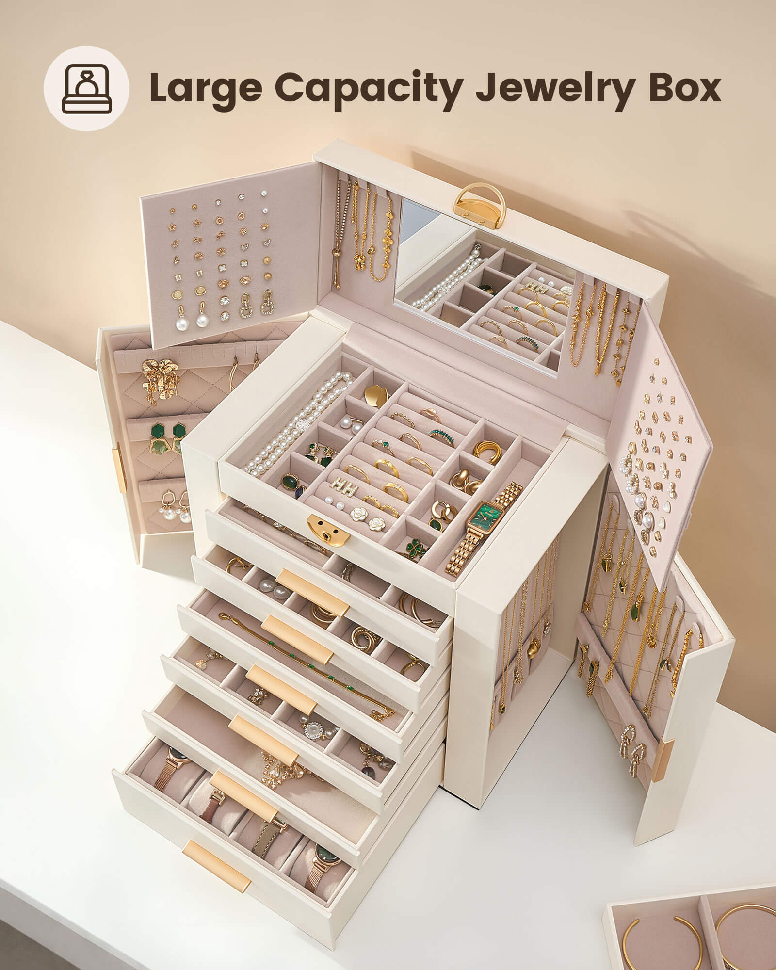 Luxury Large Capacity Jewelry Organizer Box with Mirror & Multi-Layer Drawers