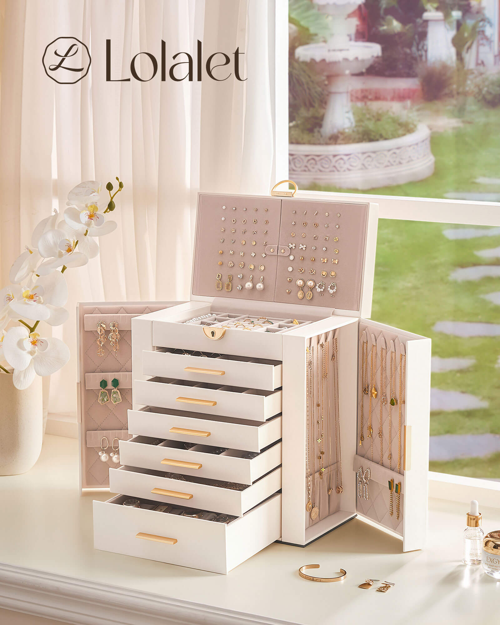 Luxury Large Capacity Jewelry Organizer Box with Mirror & Multi-Layer Drawers