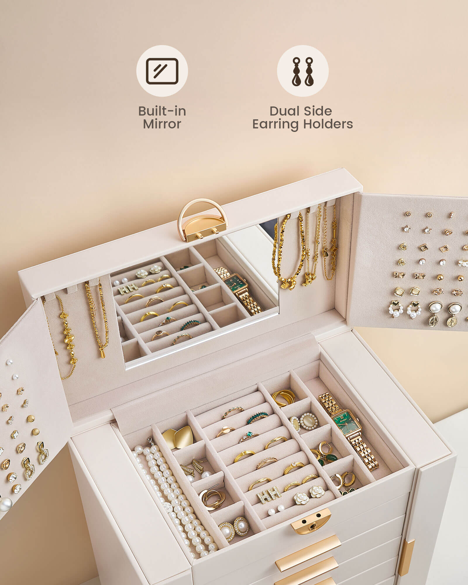 Luxury Large Capacity Jewelry Organizer Box with Mirror & Multi-Layer Drawers